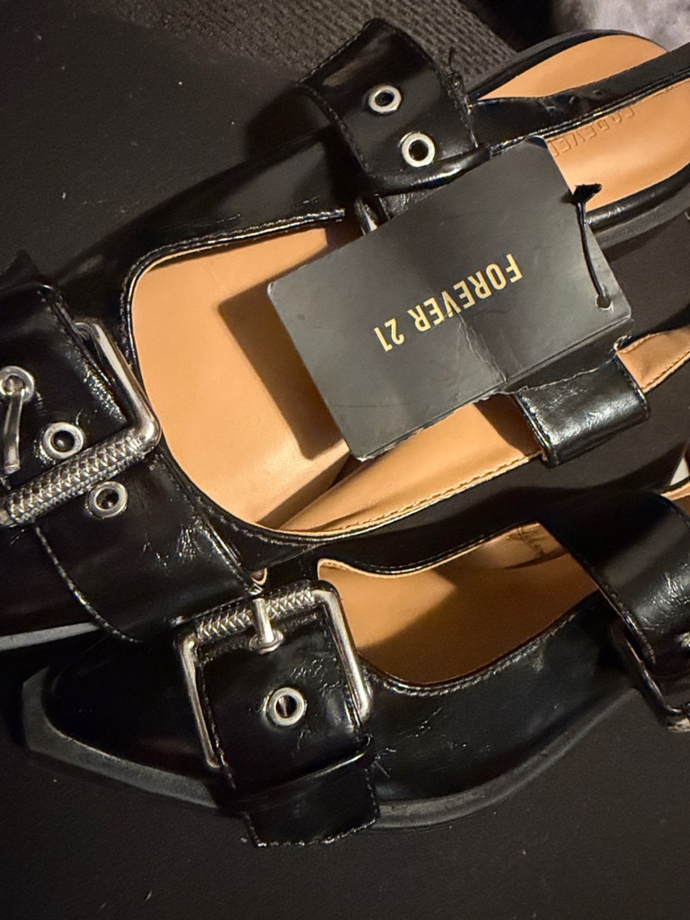 Forever 21 Black Patent Pointed-Toe Buckle Slingback Flats - Picture 2 of 2